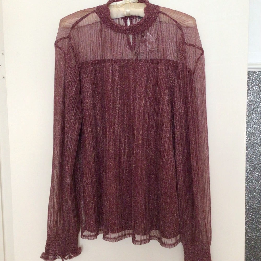 Metallic smocked neck knit blouse